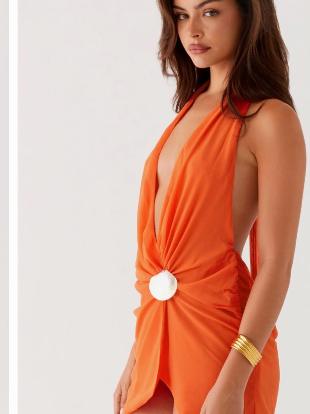 Peppermayo Orange Backless Halter Dress with Shell Accent